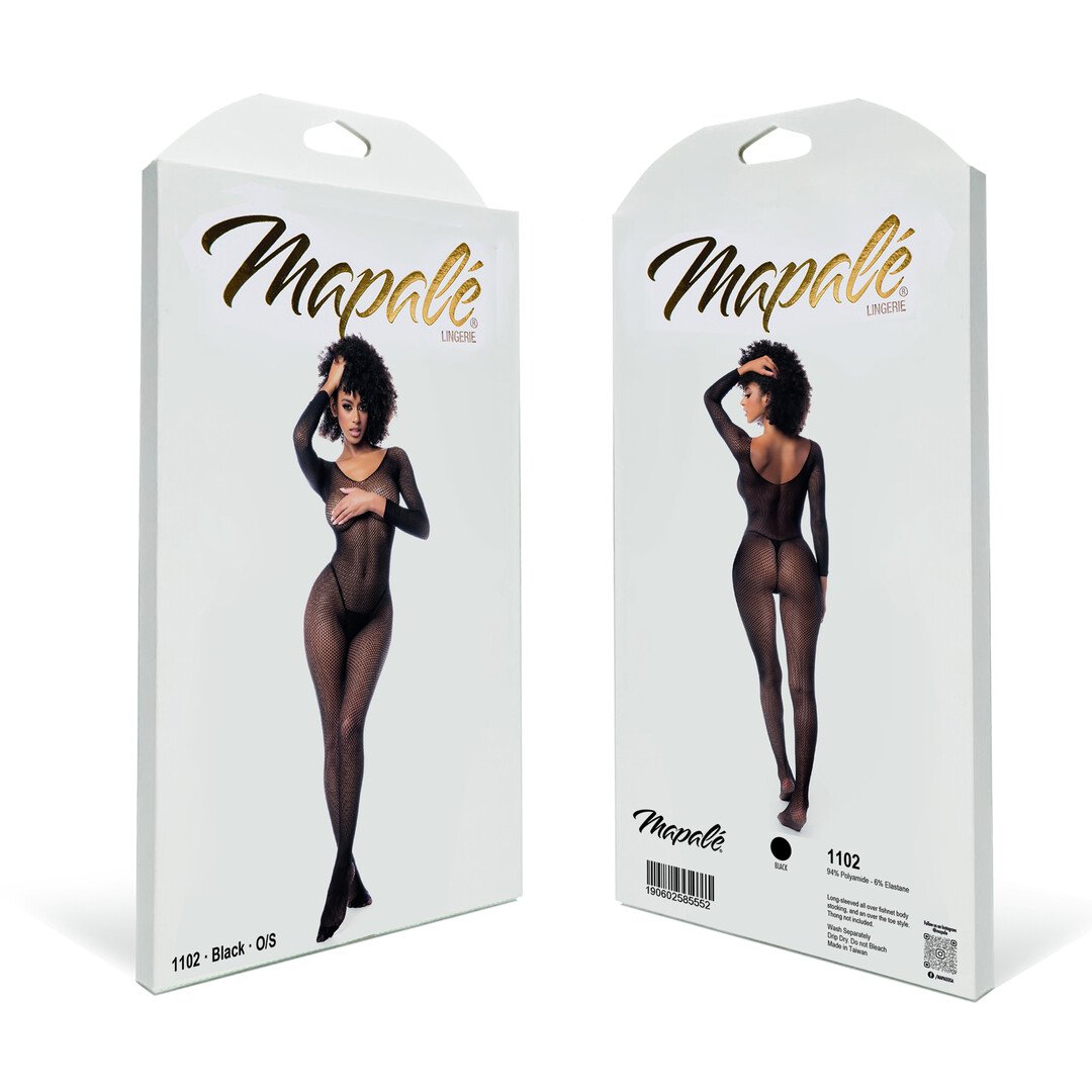 Long Sleeved Fishnet Bodystocking - One Size - Black 2