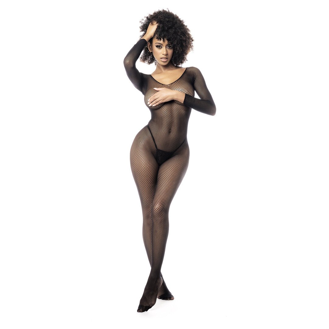 Long Sleeved Fishnet Bodystocking - One Size - Black 4