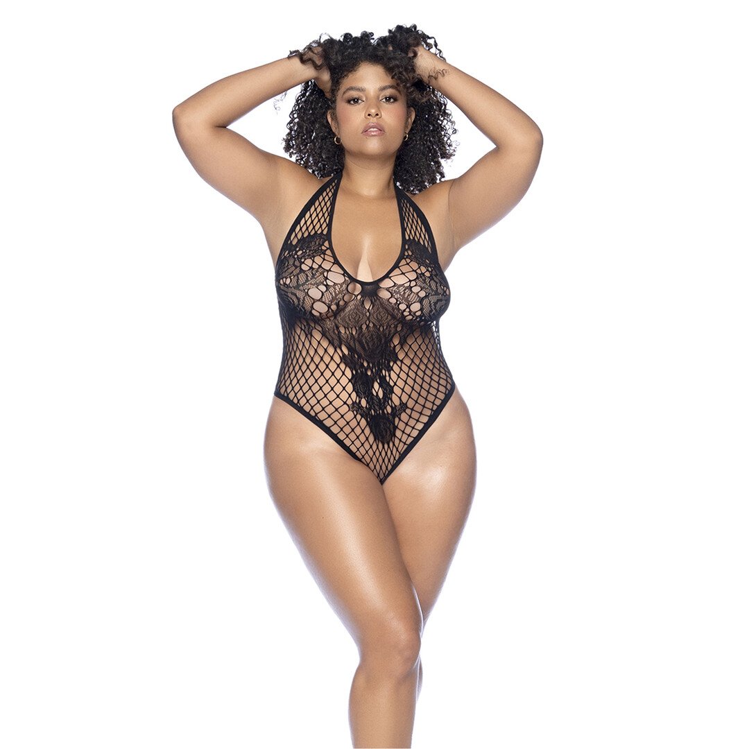 Floral Fishnet Bodysuit - Queen Size - Black