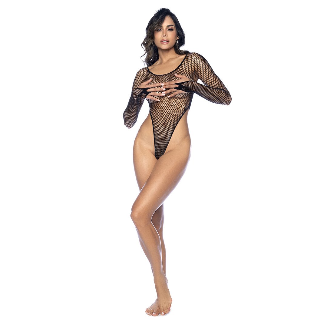 Long Sleeve Fishnet Bodysuit - One Size - Black 4