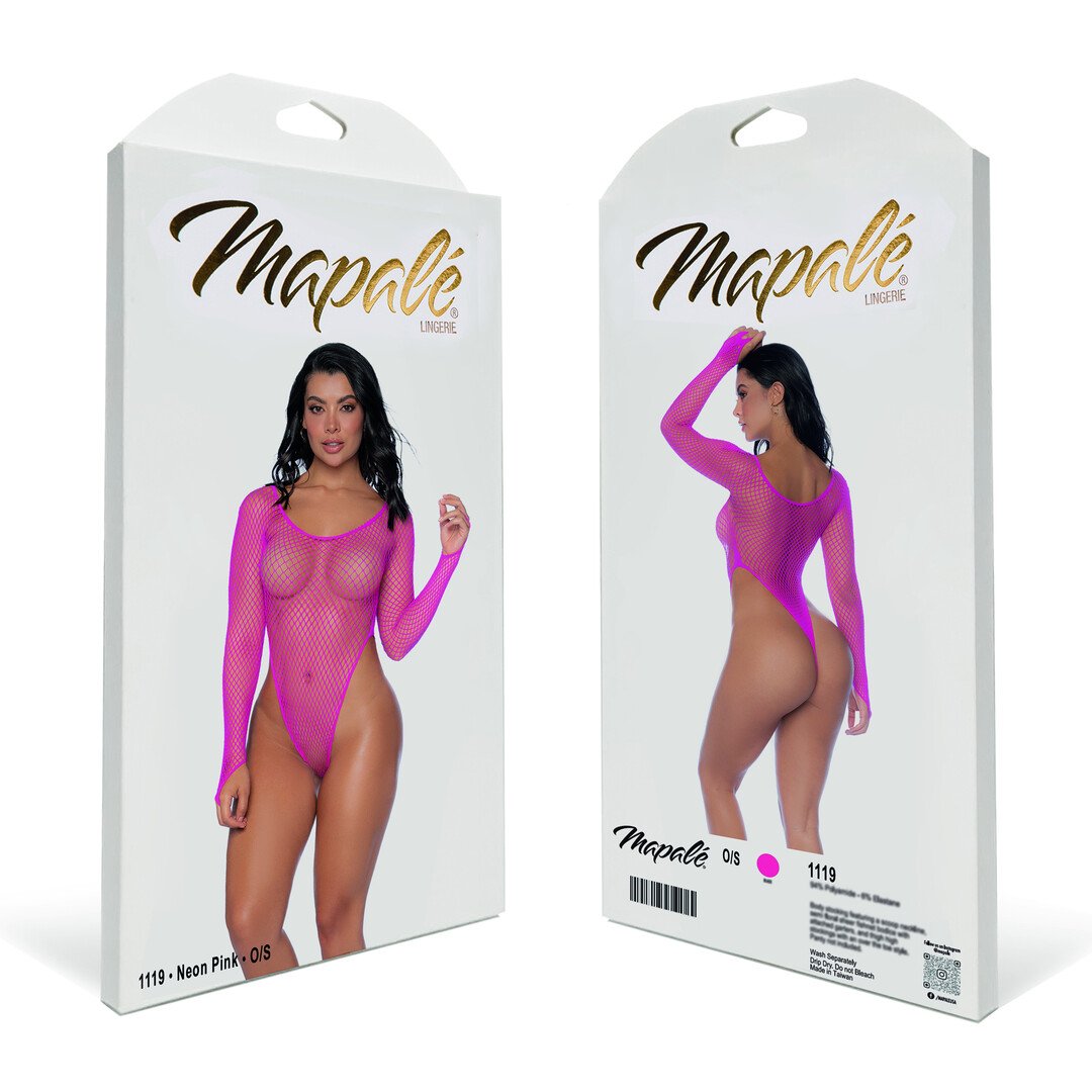 Long Sleeve Fishnet Bodysuit - One Size - Pink 2