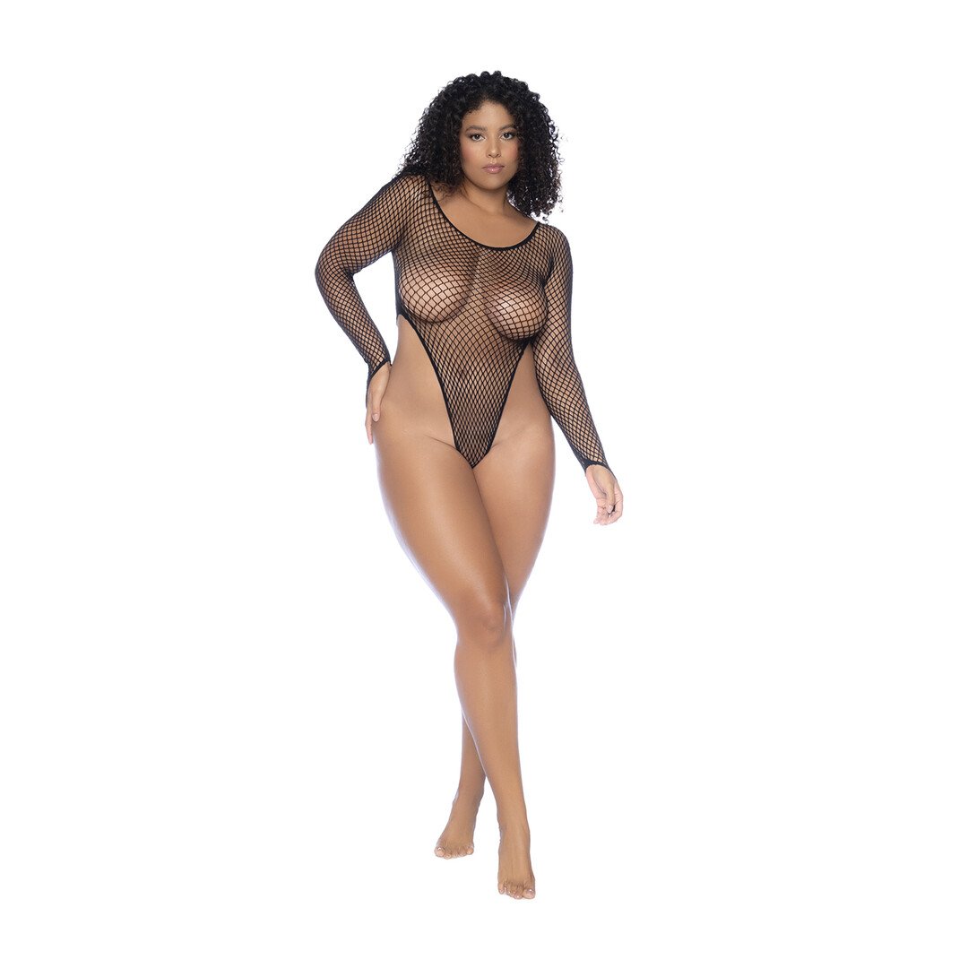 Long Sleeve Fishnet Bodysuit - Queen Size - Black