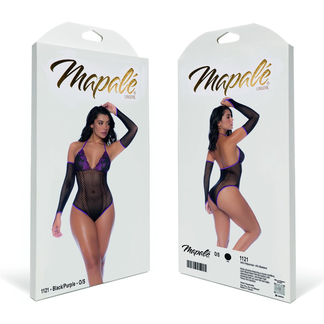 Fishnet and Lace Bodysuit Set - One Size - Black/Purple 2
