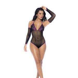 Fishnet and Lace Bodysuit Set - One Size - Black/Purple