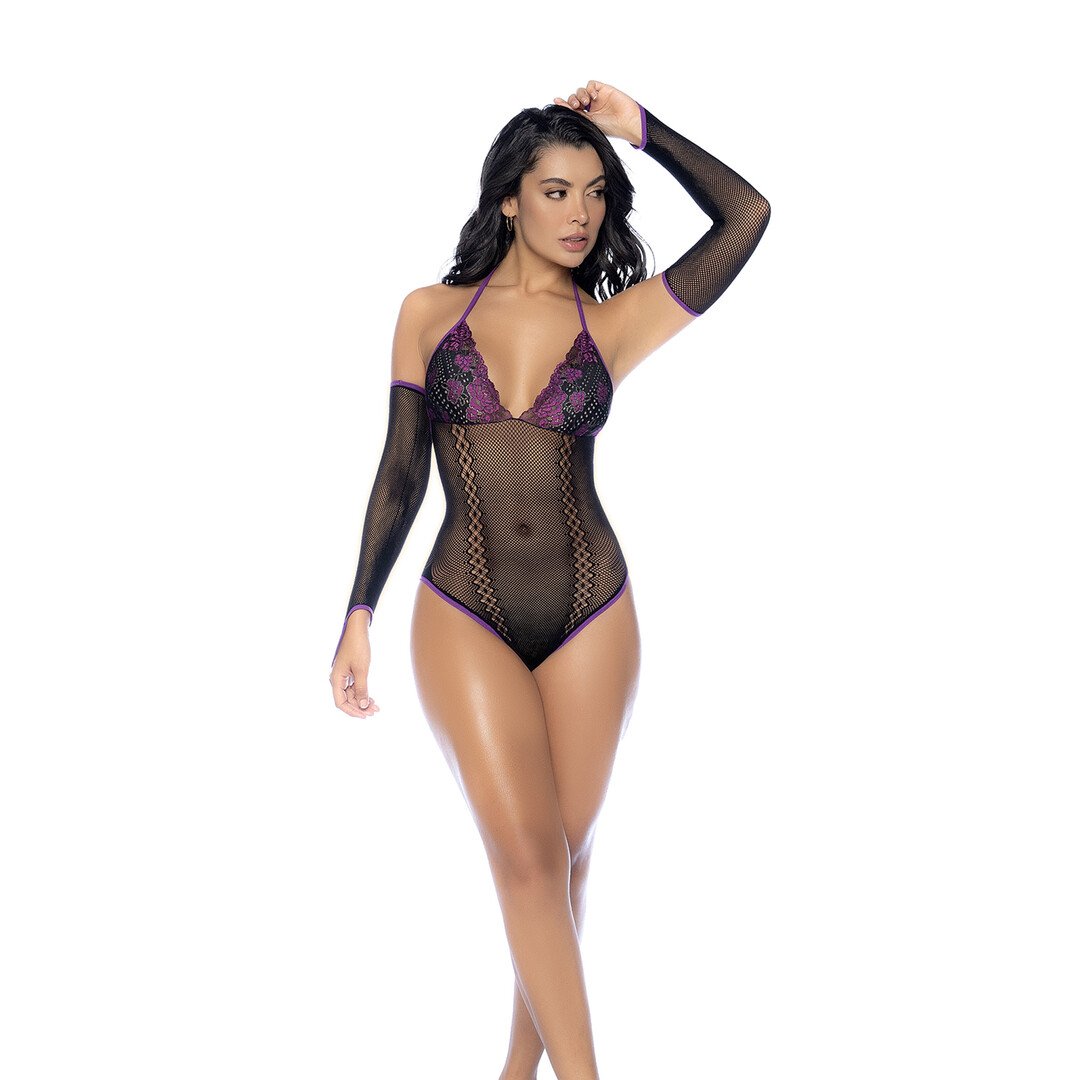 Fishnet and Lace Bodysuit Set - One Size - Black/Purple