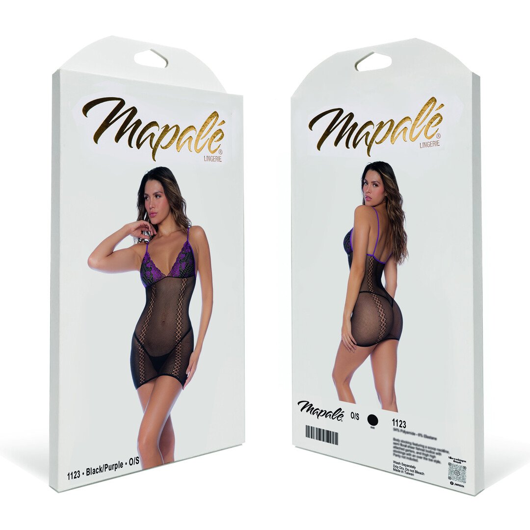 Fishnet and Lace Dress Stocking - One Size - Black/Purple 2