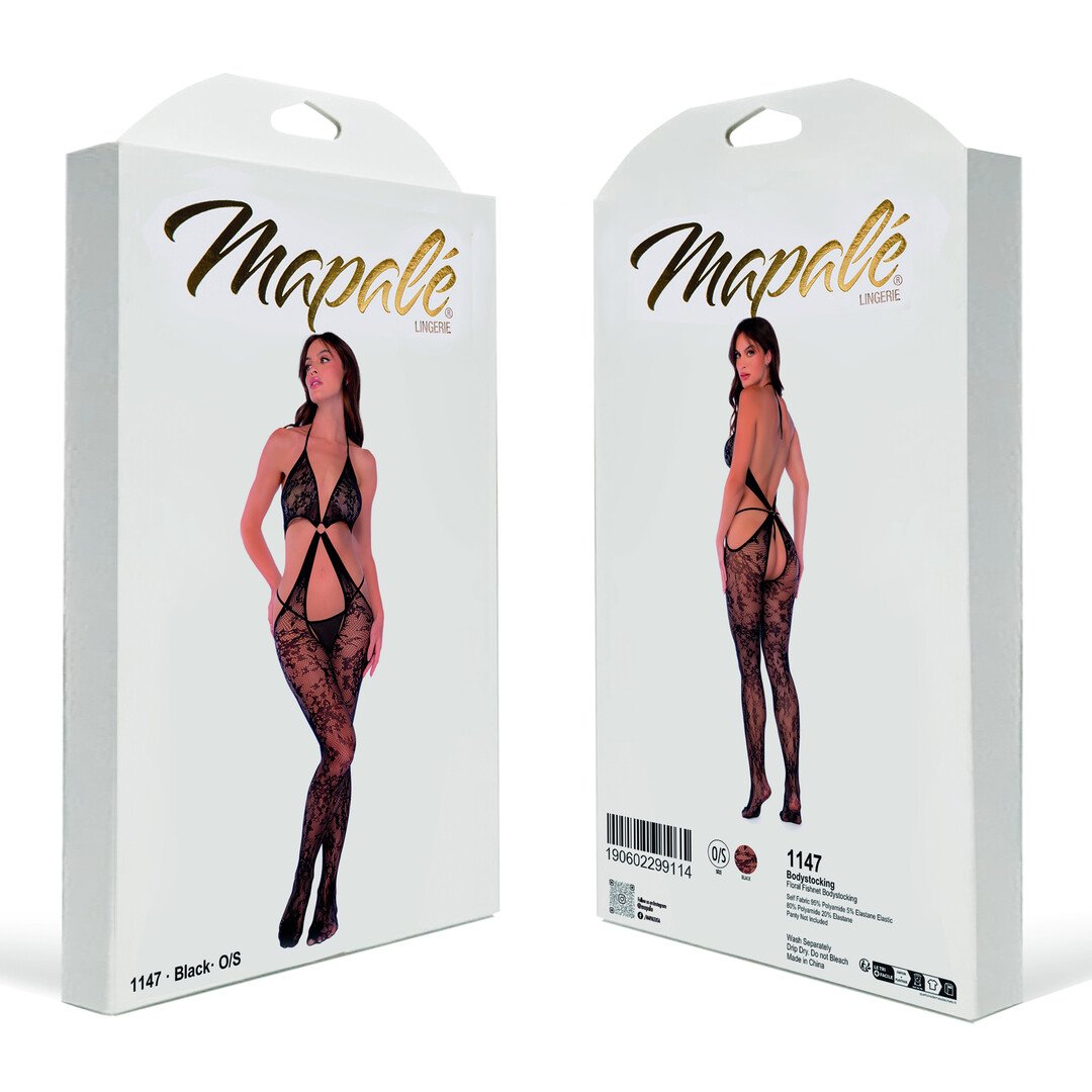 Floral Fishnet Bodystocking - One Size - Black 2