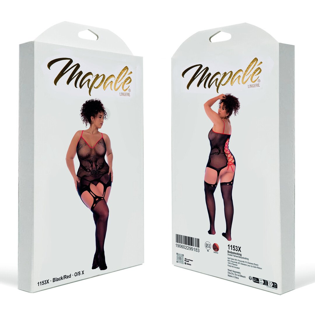 Snake Fishnet Bodystocking - Queen Size - Black/Red 2