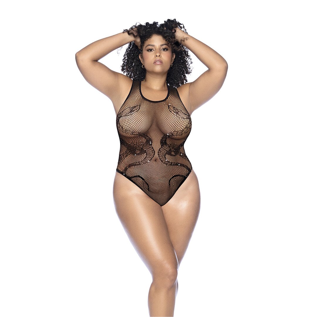 Snake Fishnet Rhinestone Bodysuit - Queen Size - Black/Rhinestone