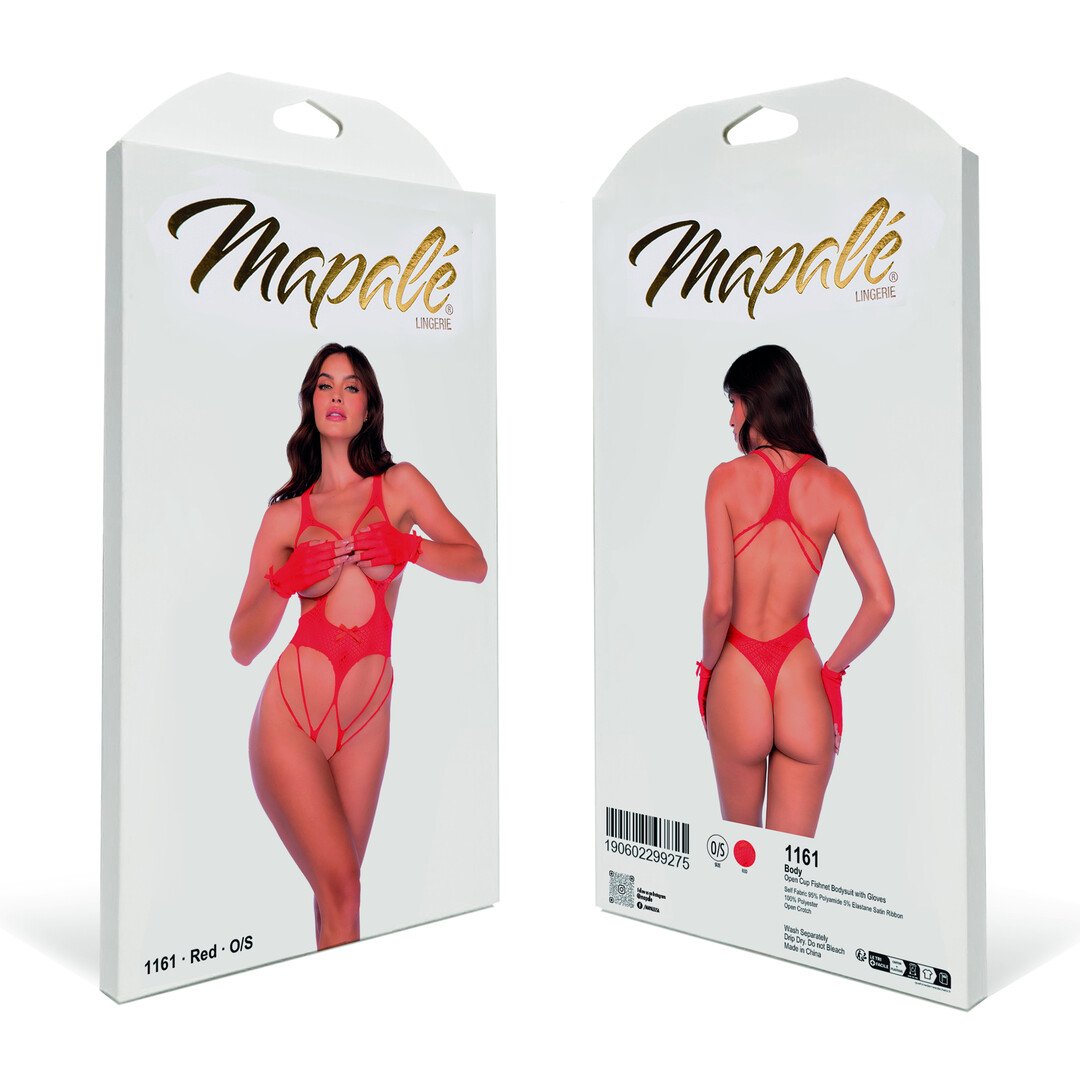 Open Cup Fishnet Bodysuit with Gloves - One Size - Red 2