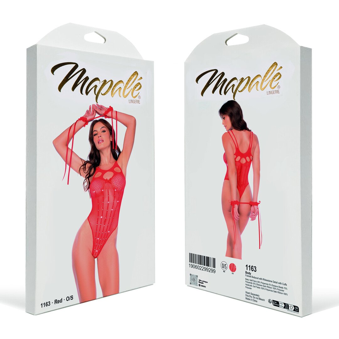 Fishnet Bodystocking with Rhinestone Detail and Cuffs - One Size - Red 2