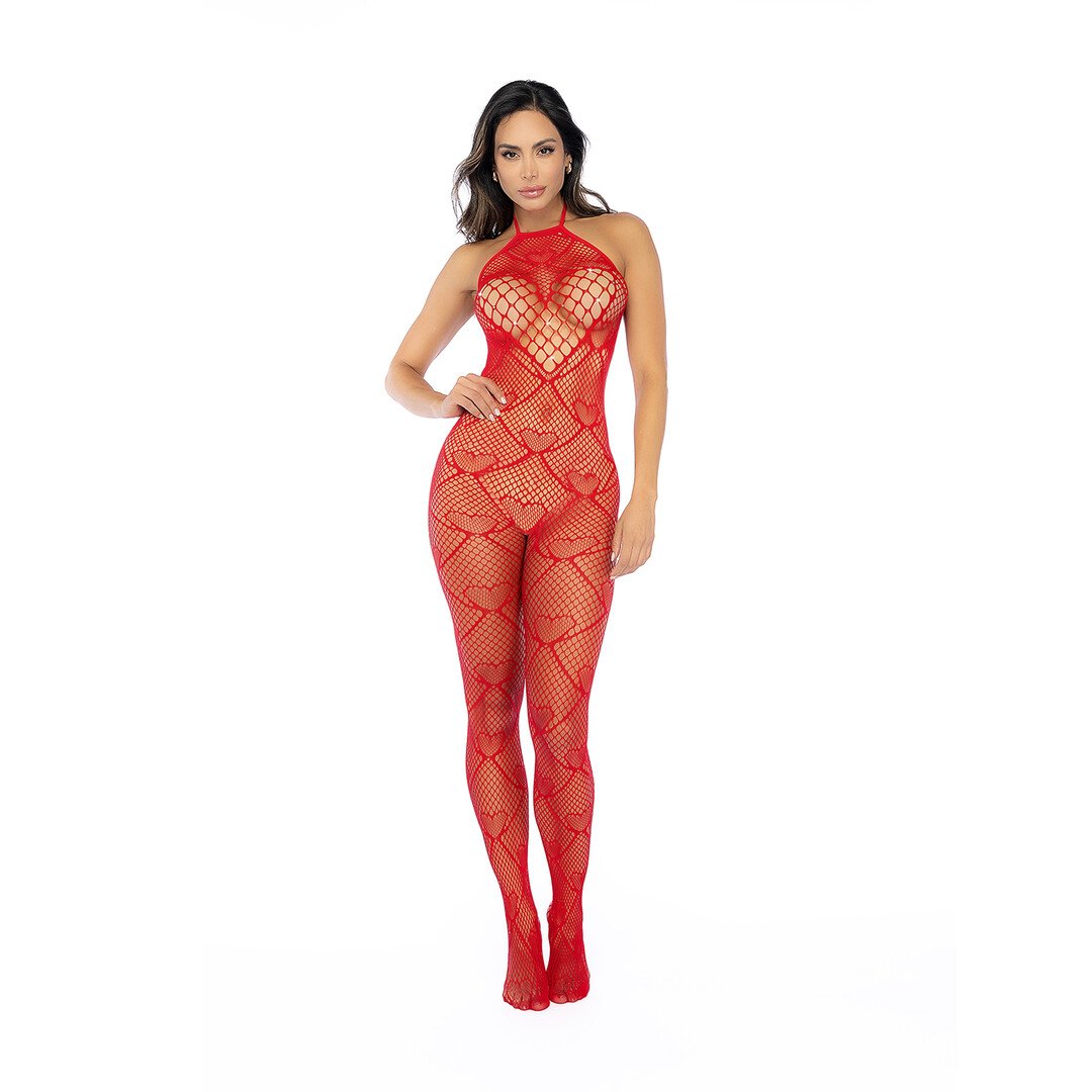 Heart Fishnet Bodystocking with Rhinestone Detail - One Size - Red