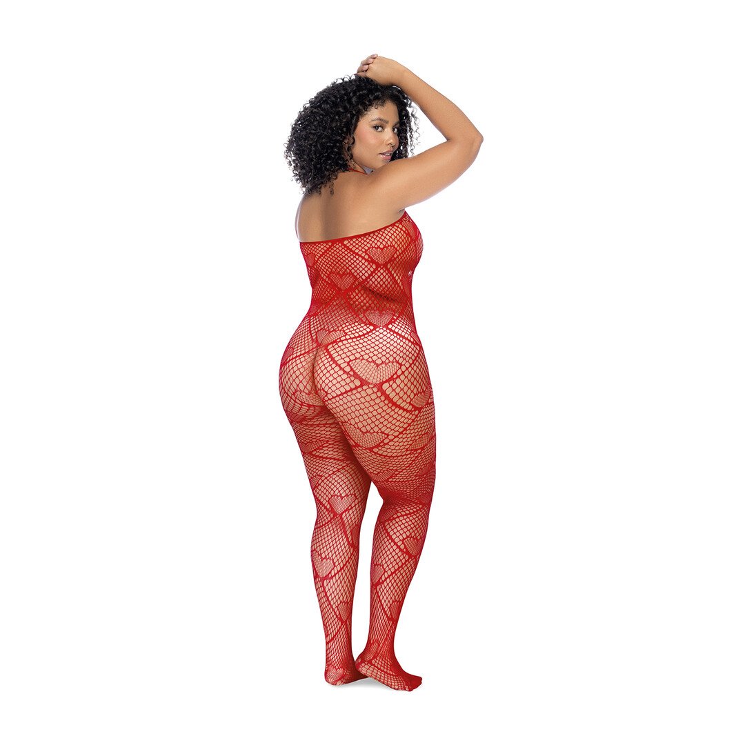 Heart Fishnet Bodystocking with Rhinestone Detail - Queen Size - Red 3