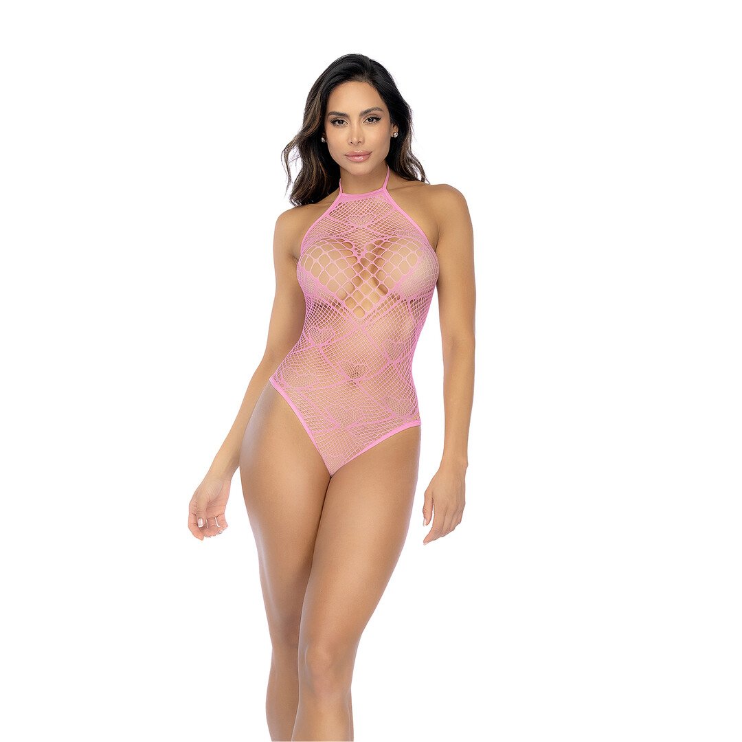 Heart Fishnet Bodysuit with Heart Detail - One Size - Bubbelgum Pink