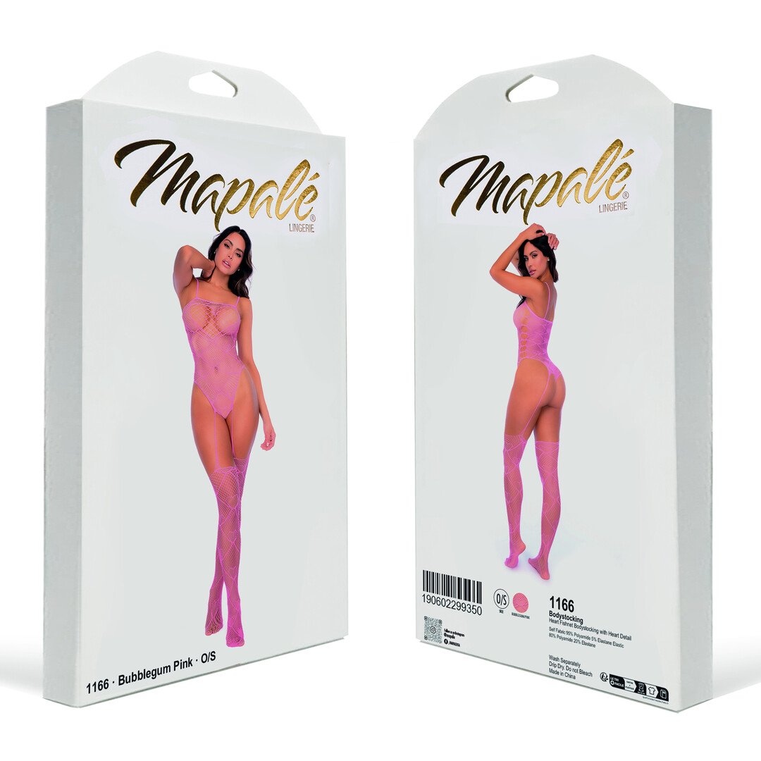 Heart Fishnet Bodystocking with Heart Detail - One Size - Bubbelgum Pink 2