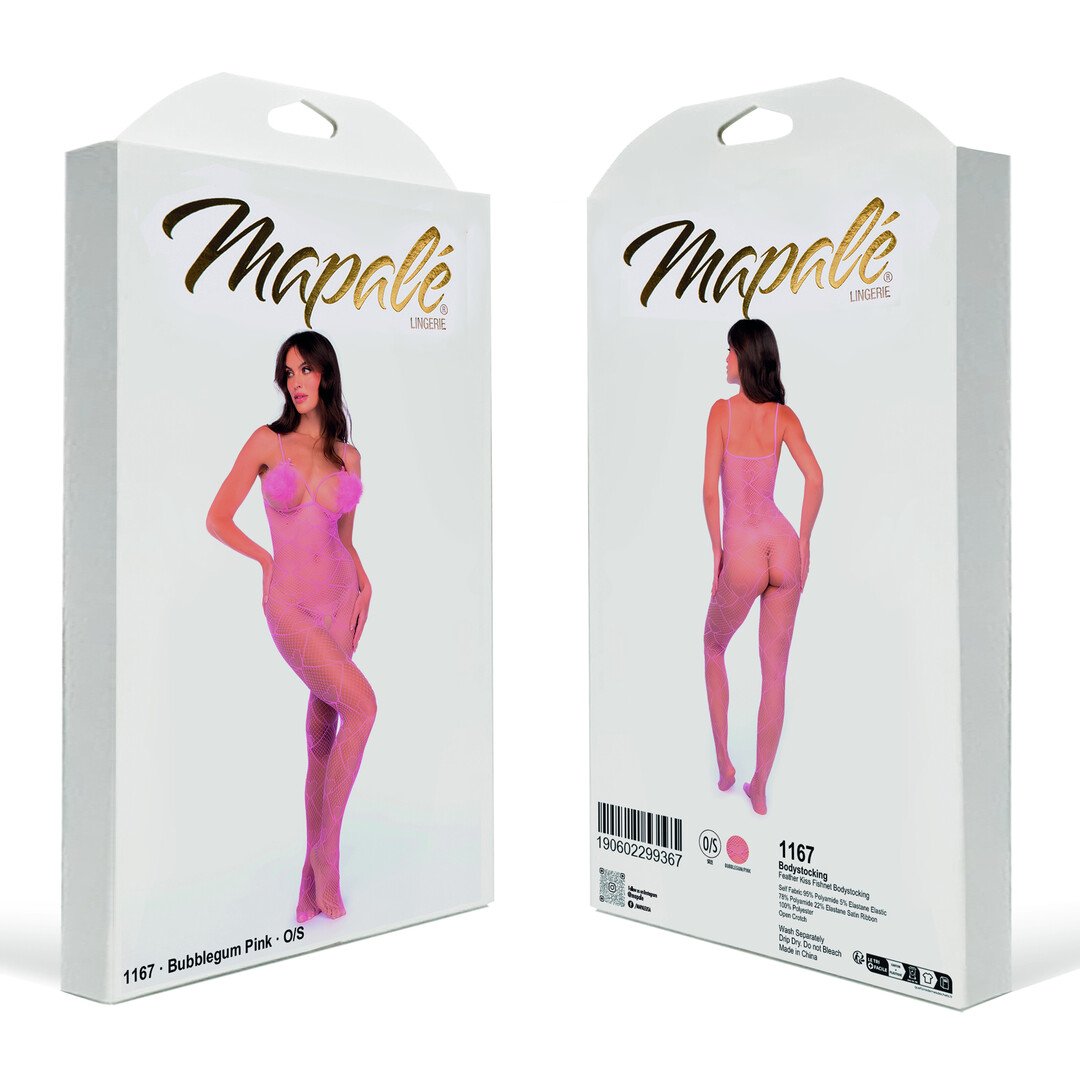 Feather Kiss Fishnet Bodysuit - One Size - Bubbelgum Pink 2