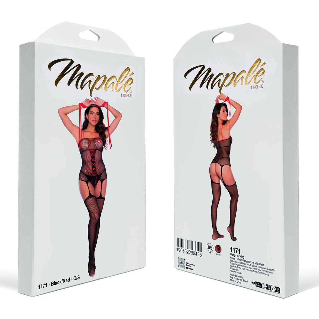 Nurse Fishnet Bodystocking with Cuffs - One Size - Black/Red 2