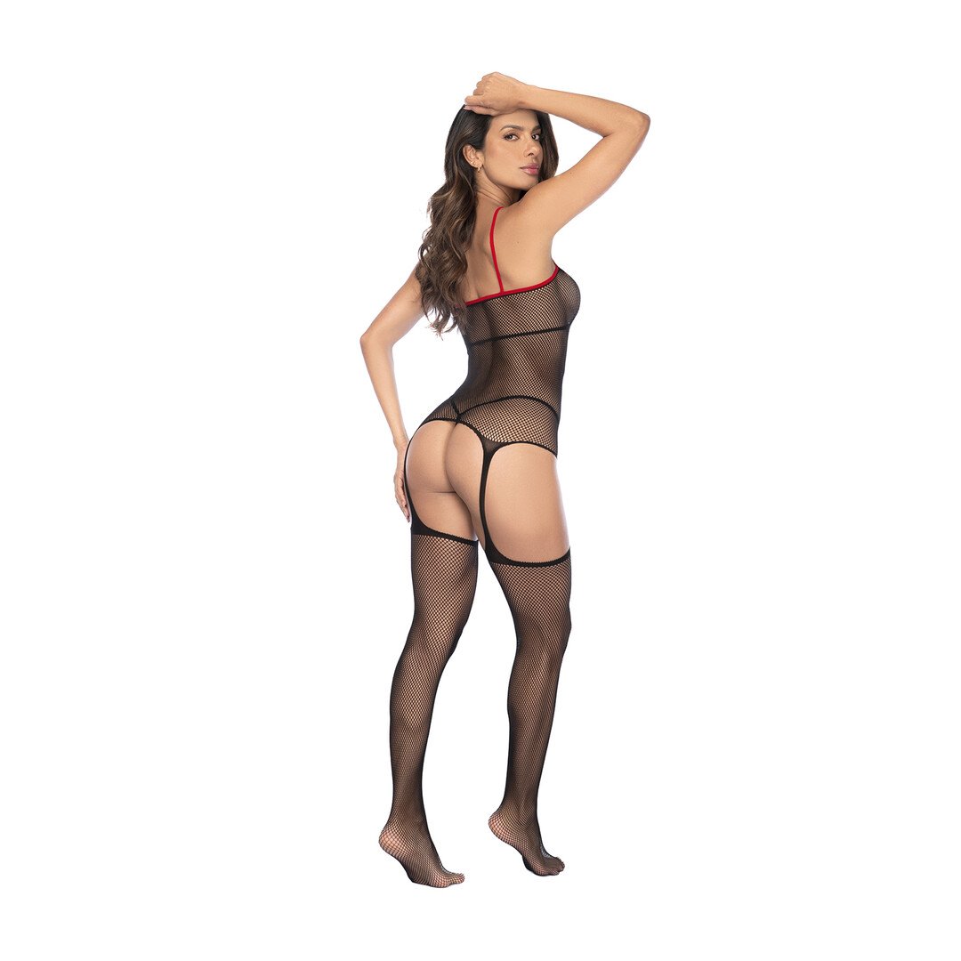 Nurse Fishnet Bodystocking with Cuffs - One Size - Black/Red 5