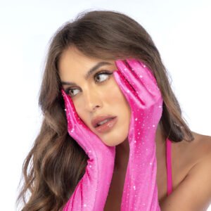 Satin Rhinestone Opera Gloves - One Size - Pink/Rhinestone
