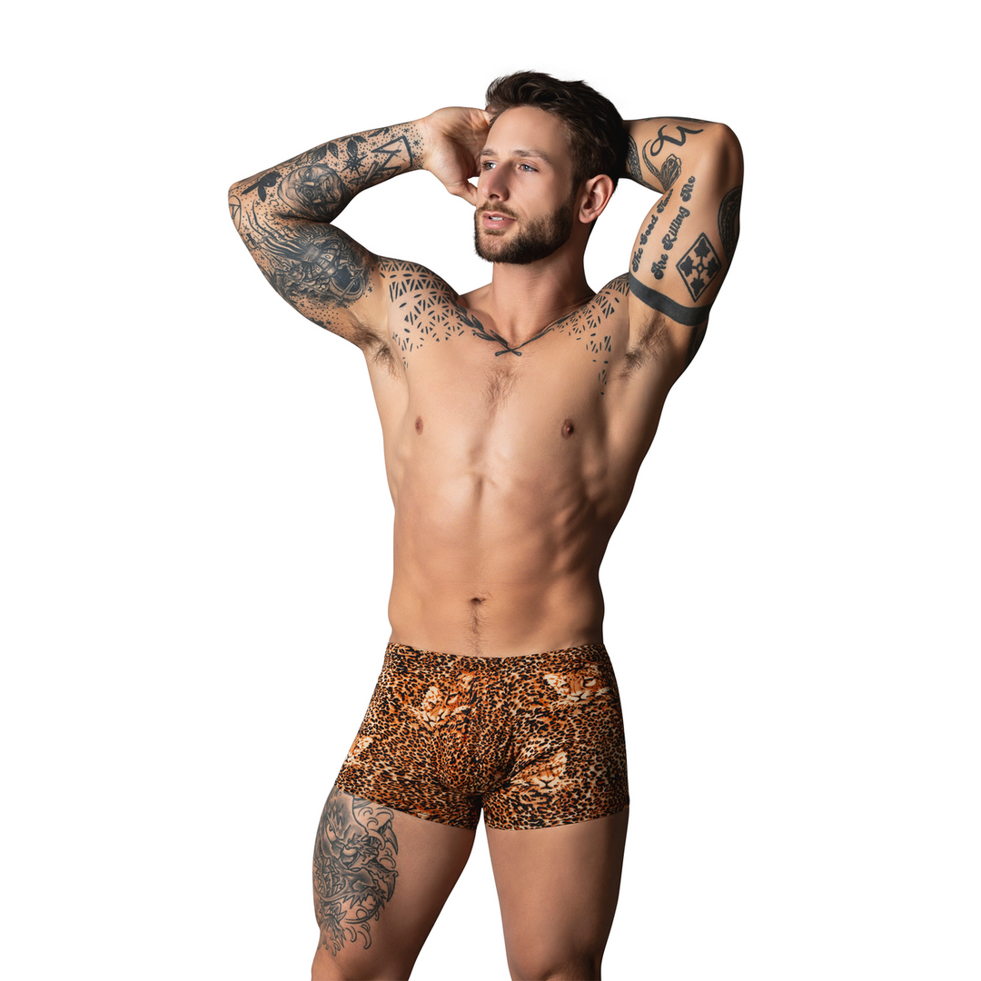 Pouch Short with Black Cockring - L - Brown Leopard 3