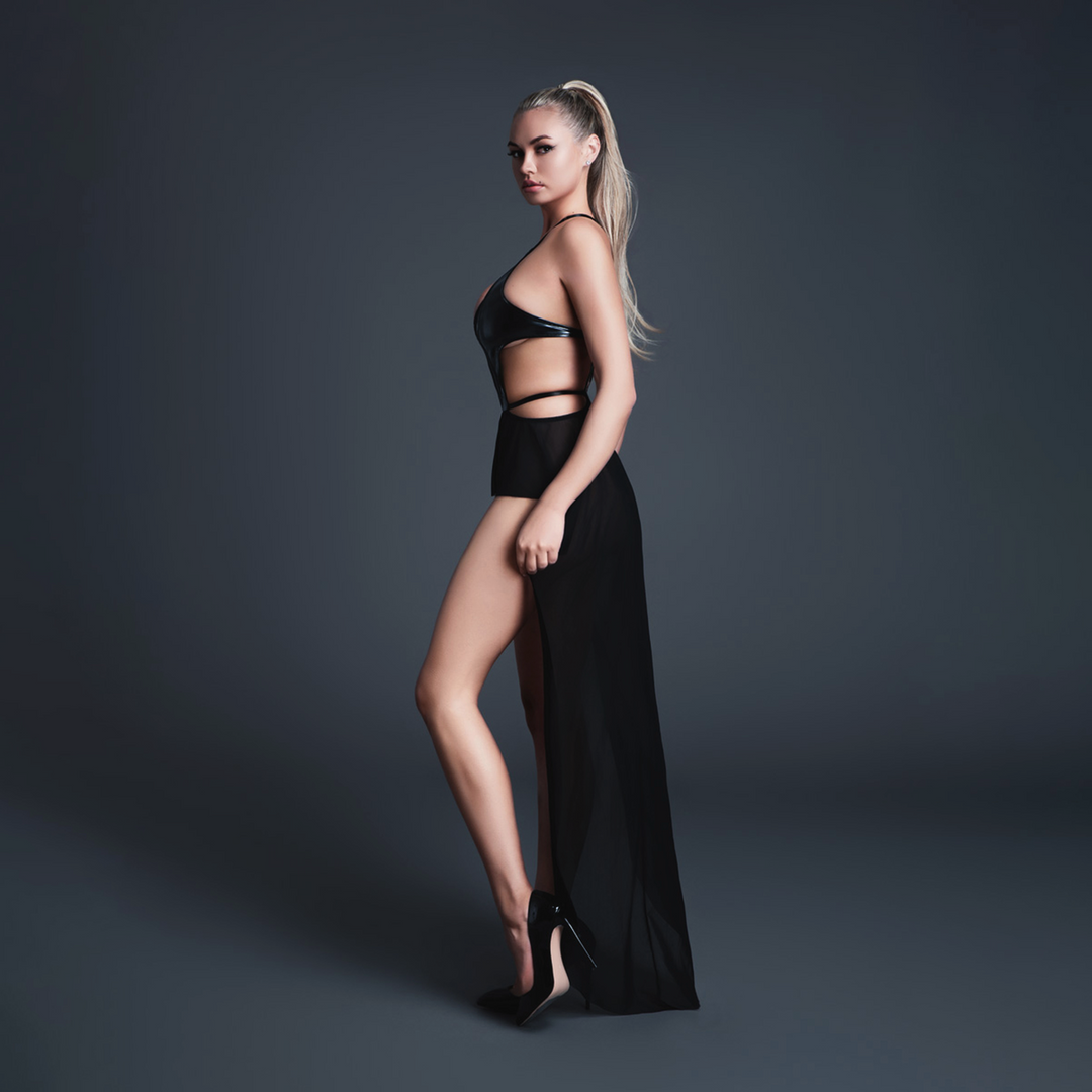Take Me - Latex-look Vinyl and Mesh Bodysuit with Flirty Skirt - S - Black