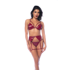 Three Piece Bra Set - XL - Gloss Wine Red