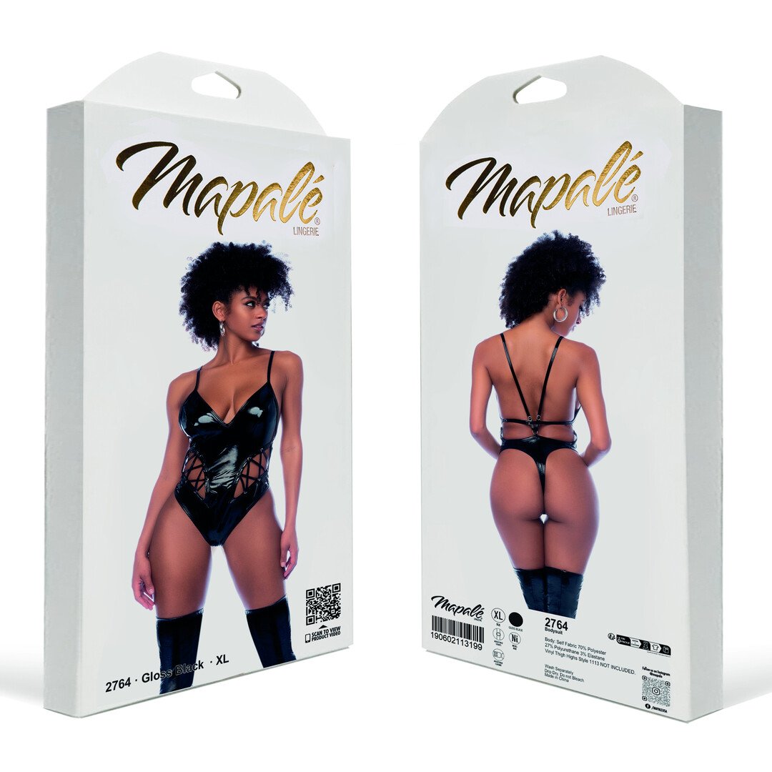 Lace-up Bodysuit with Low-Cut Front - M - Gloss Black 2