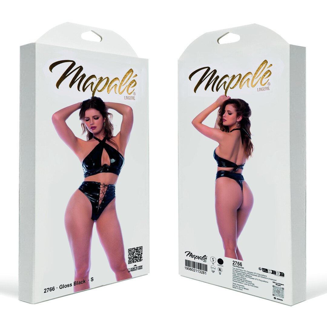 Two Piece Halter Set with Lace-up Panty - XL - Gloss Black 2