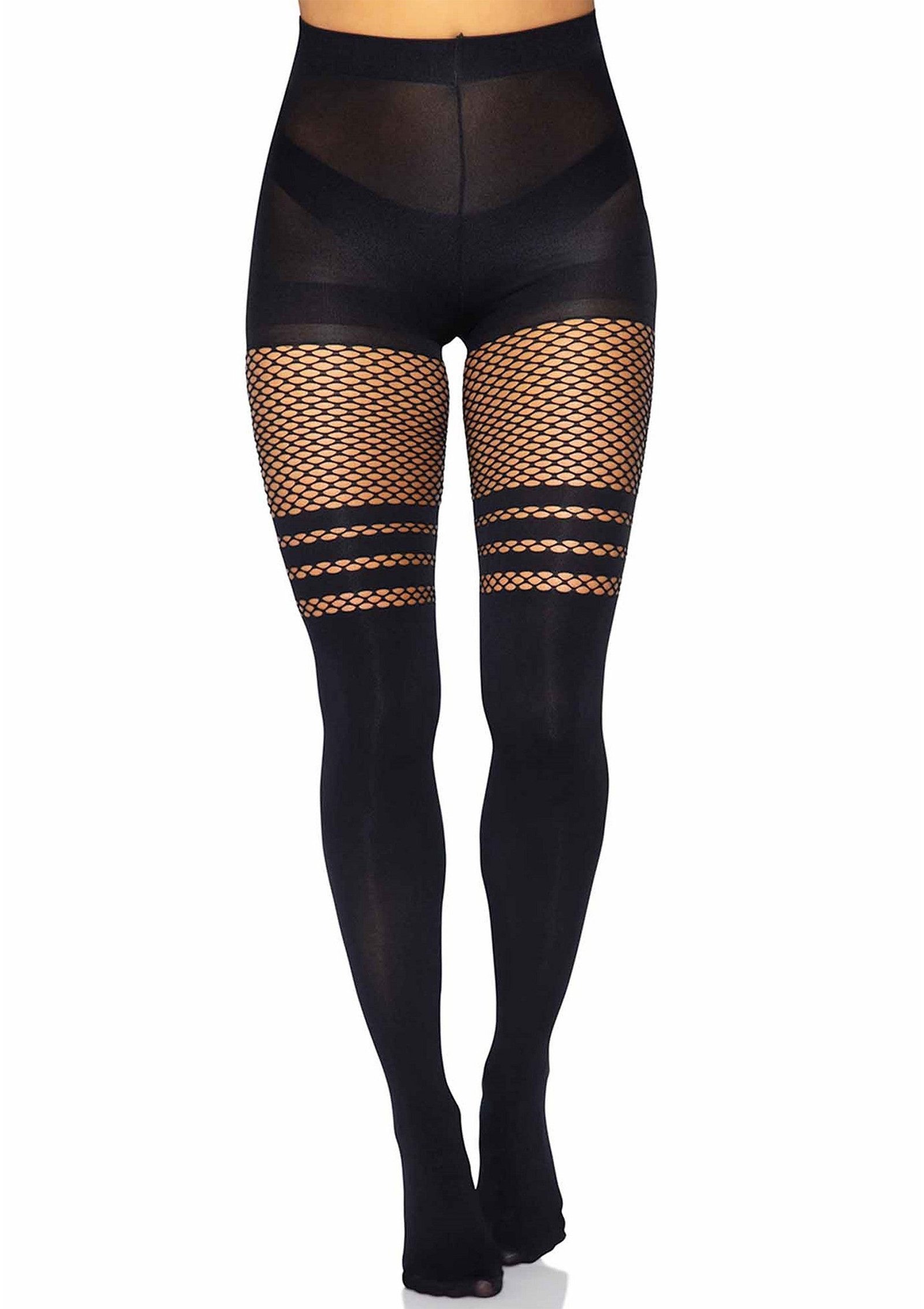 Seamless Opaque Pantyhose with Fishnet Stripe 5