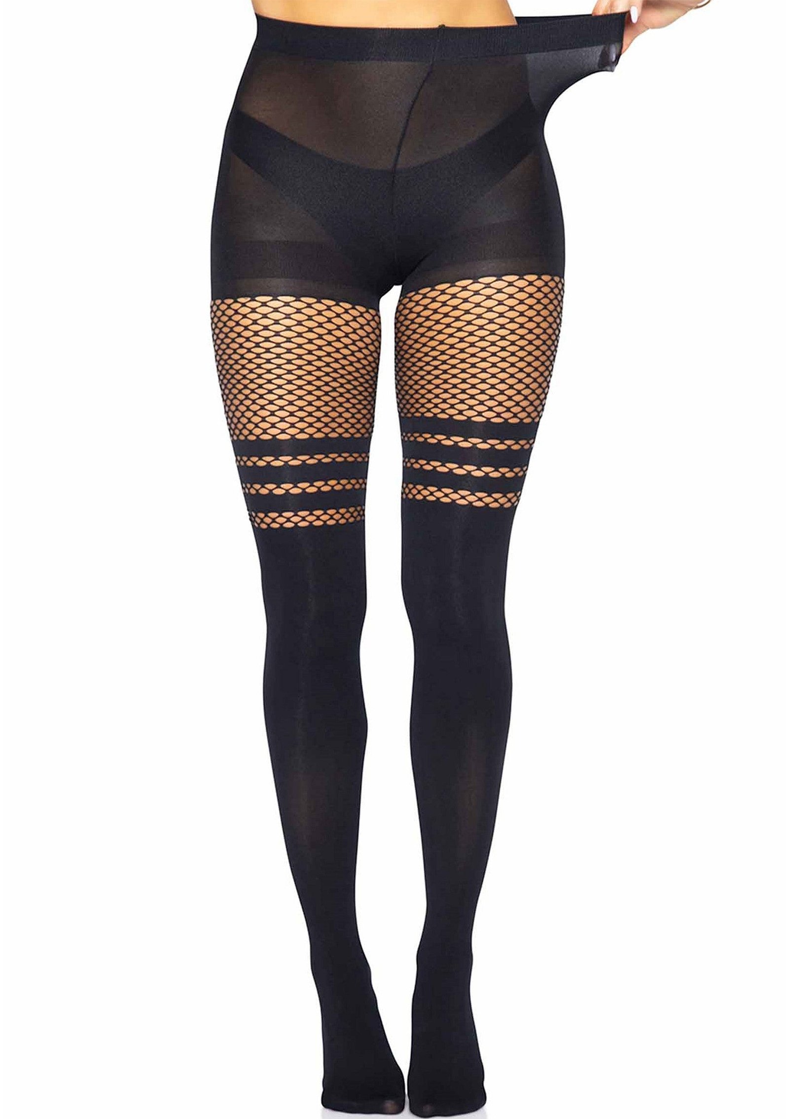 Seamless Opaque Pantyhose with Fishnet Stripe 6