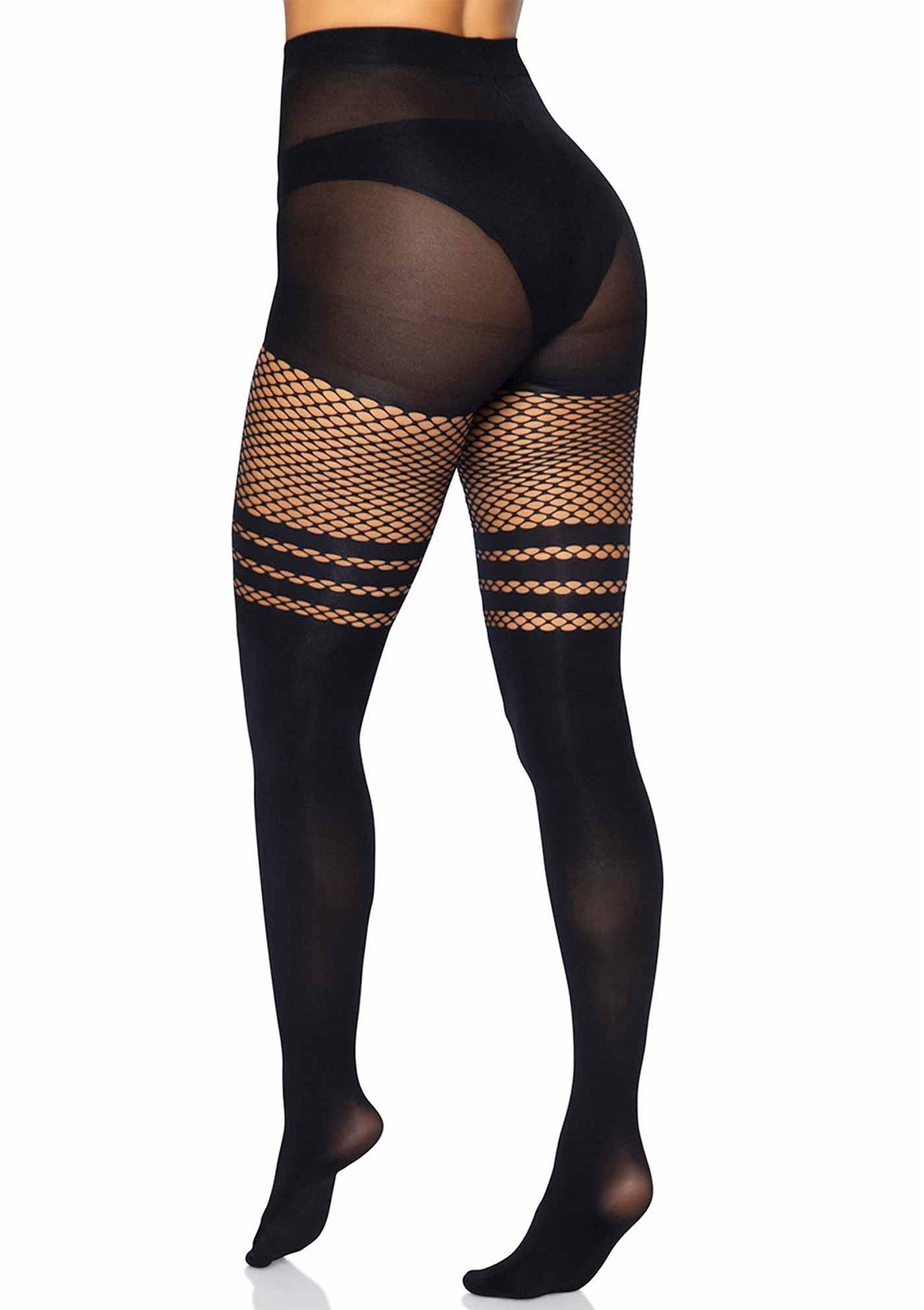 Seamless Opaque Pantyhose with Fishnet Stripe 2