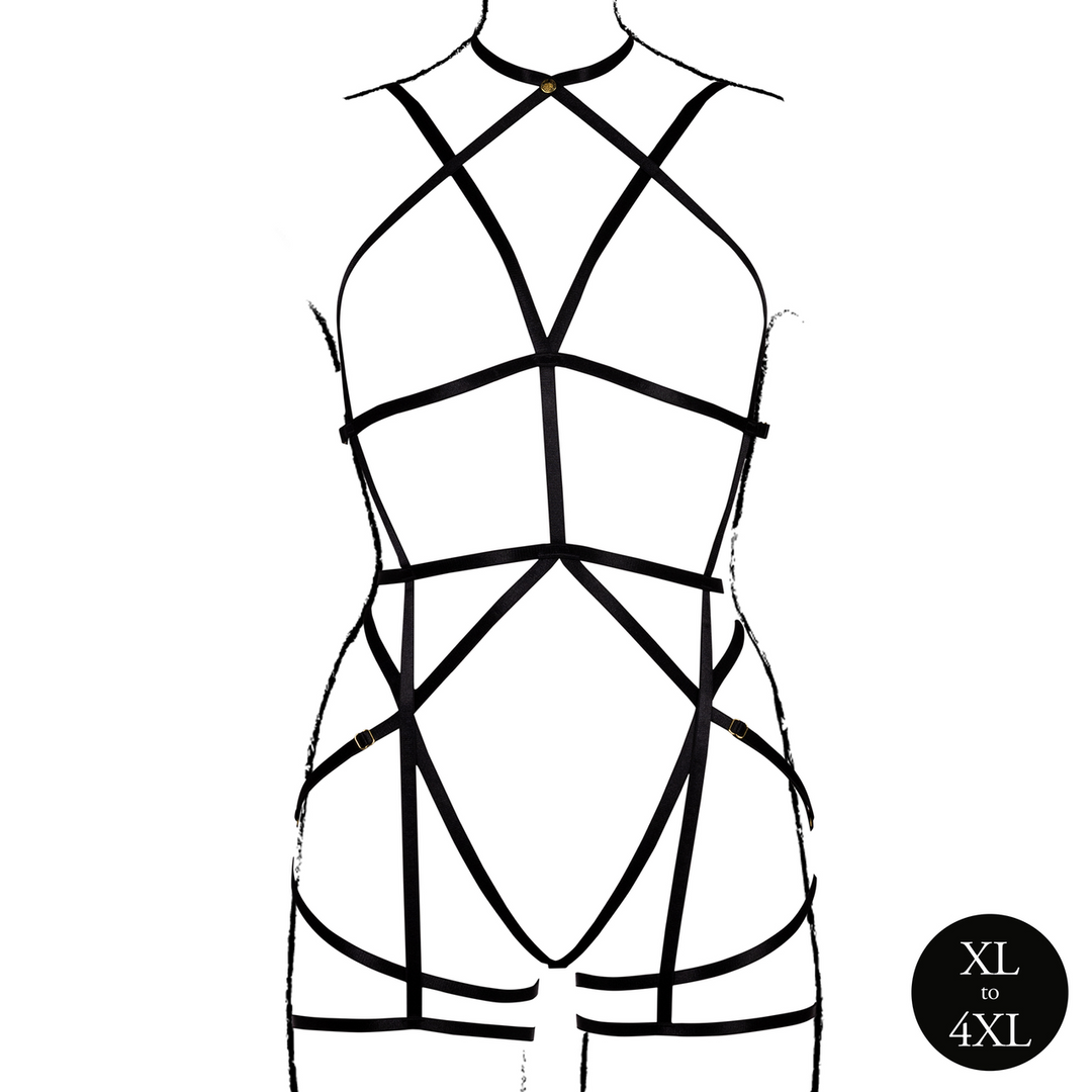 Strappy Open Cup Body Harness with Garters - Queen Size - Black 5