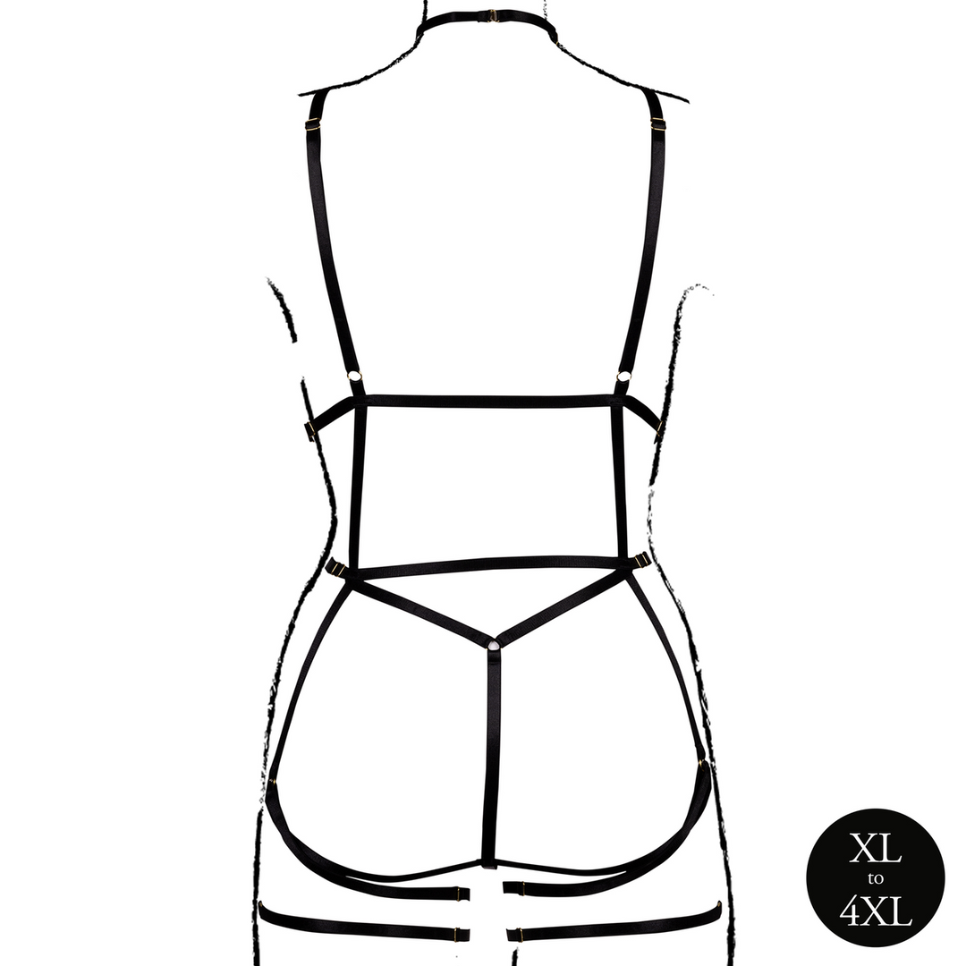 Strappy Open Cup Body Harness with Garters - Queen Size - Black 6