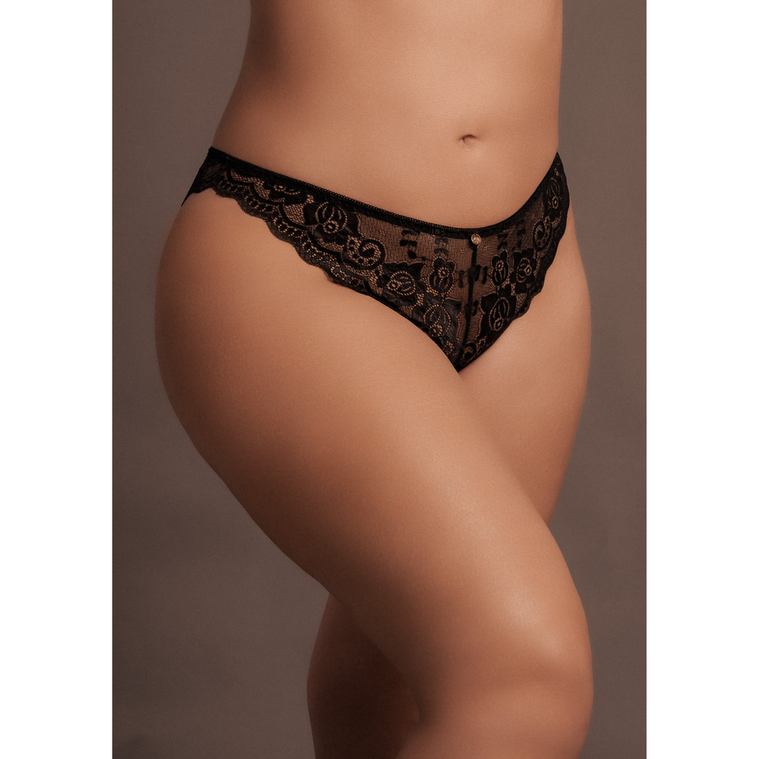 Zoé - Elastic Lace Brief with Back Lacing and Golden Details - Queen Size - Black