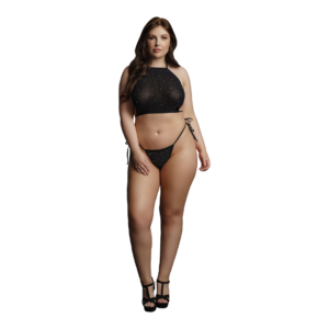 Festive Rhinestone Top and Thong - Queen Size - Black