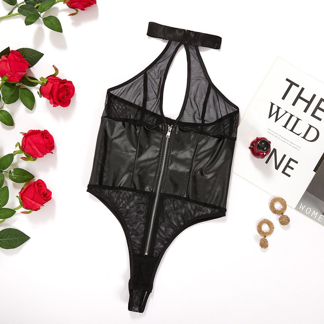 Sheer Mesh Halter Bodysuit with Zip-down Front - L/XL - Black 6