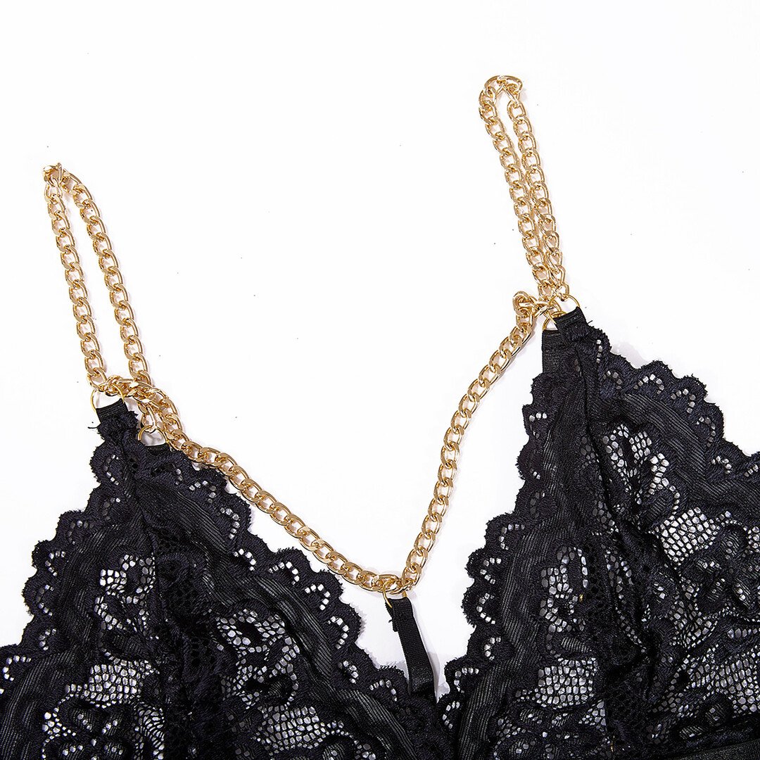 Strappy Three Piece Lace Cut-out Set with Chains - L/XL - Black 6
