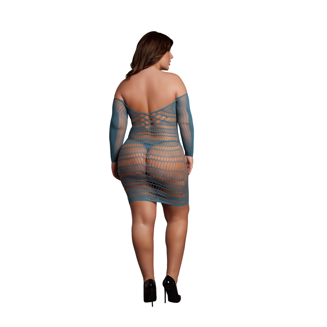 Long-Sleeved Net Mini Dress - Queen Size - Blue 4