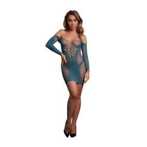 Long-Sleeved Net Mini Dress - One Size - Blue