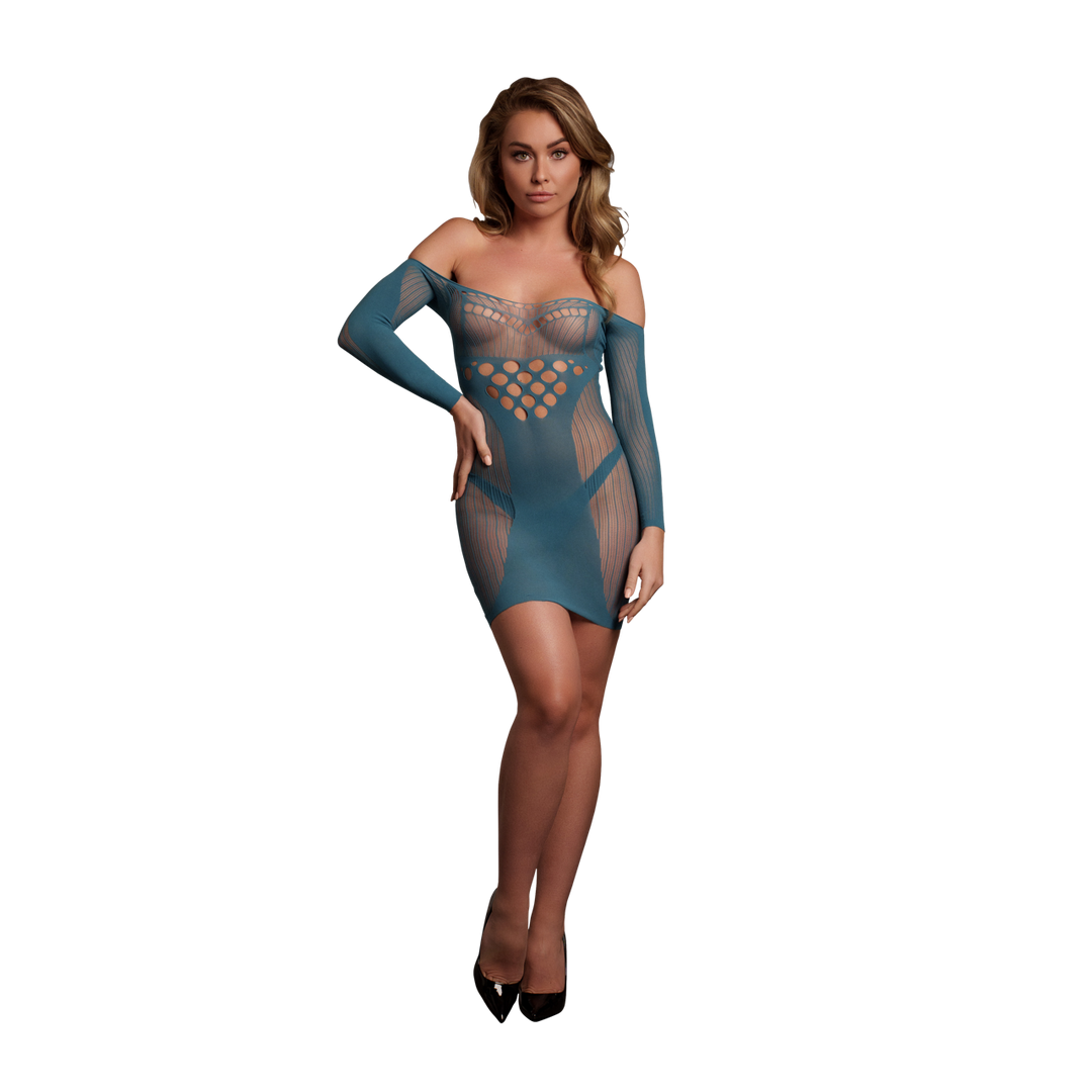 Long-Sleeved Net Mini Dress - One Size - Blue
