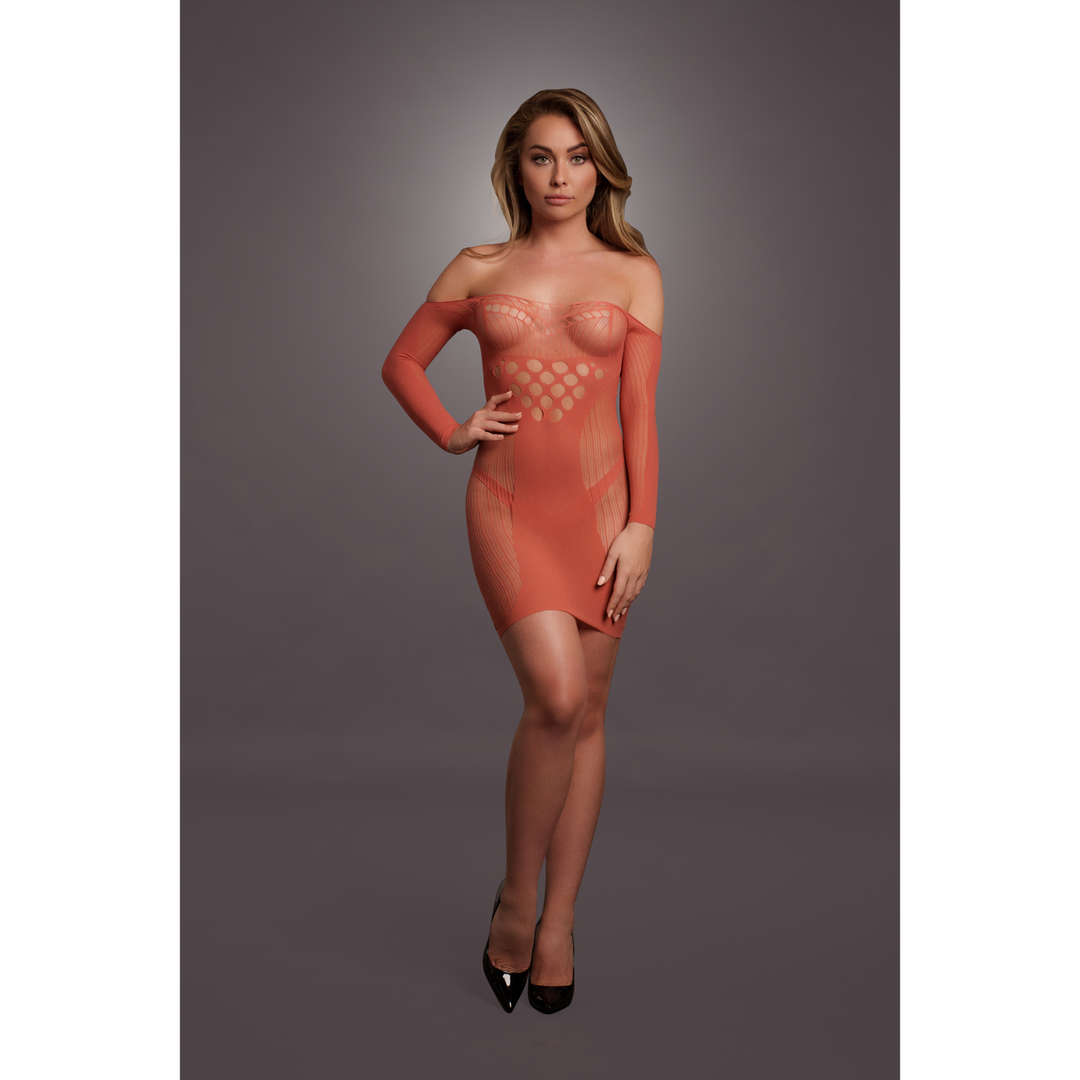 Long-Sleeved Net Mini Dress - One Size - Red 5