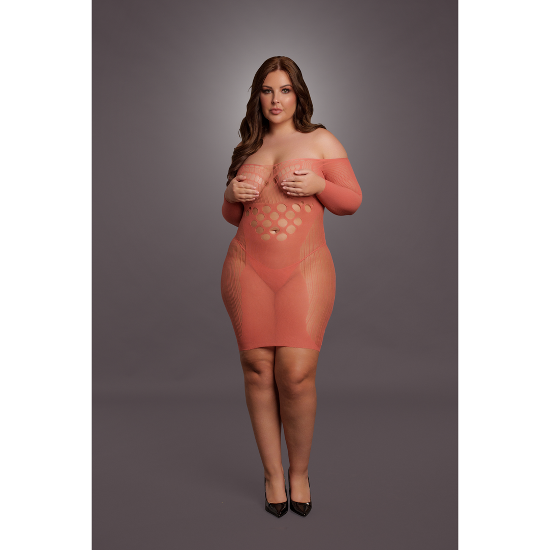 Long-Sleeved Net Mini Dress - Queen Size - Red 5