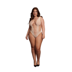 V-Neck Teddy with Opaque Panels - Queen Size - Nude