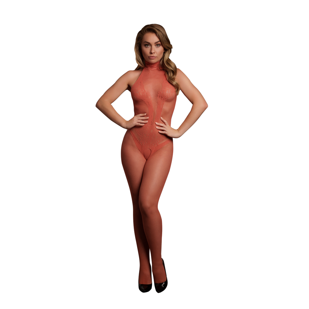 Fishnet and Lace Bodystocking - One Size - Red