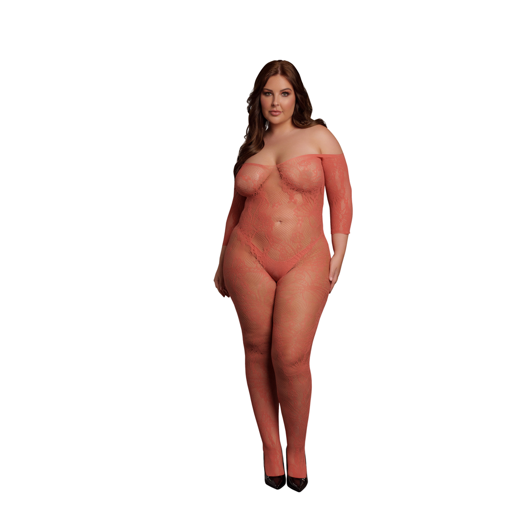 Lace Long-Sleeved Bodystocking - Queen Size - Red