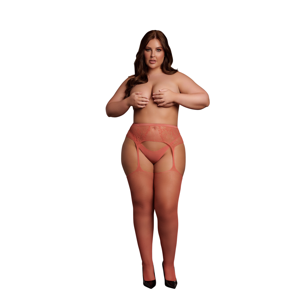 Fishnet and Lace Garterbelt Stockings - Queen Size - Red