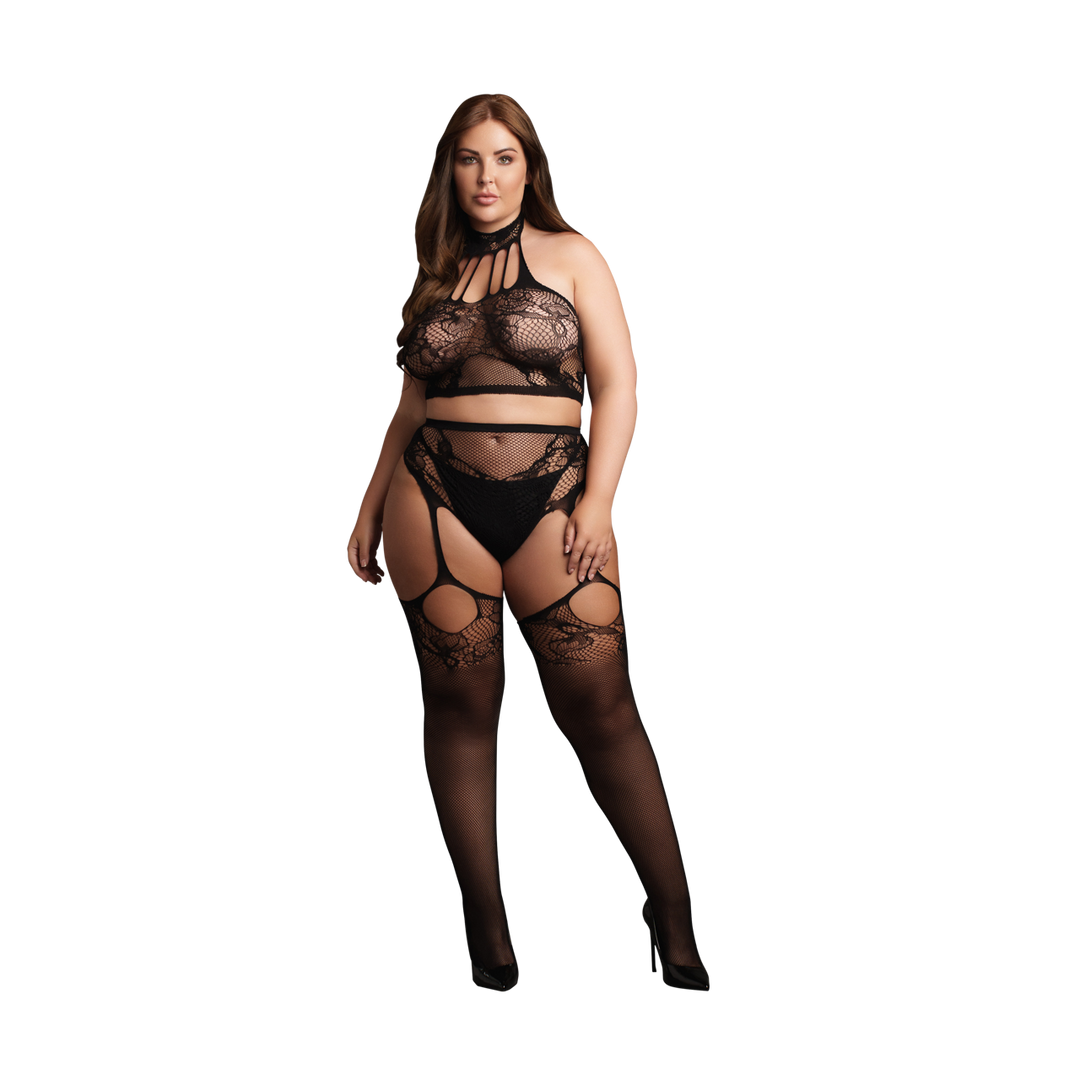 Two Piece with Halter Turtleneck and Pantie with Attached Stockings - Queen Size - Black