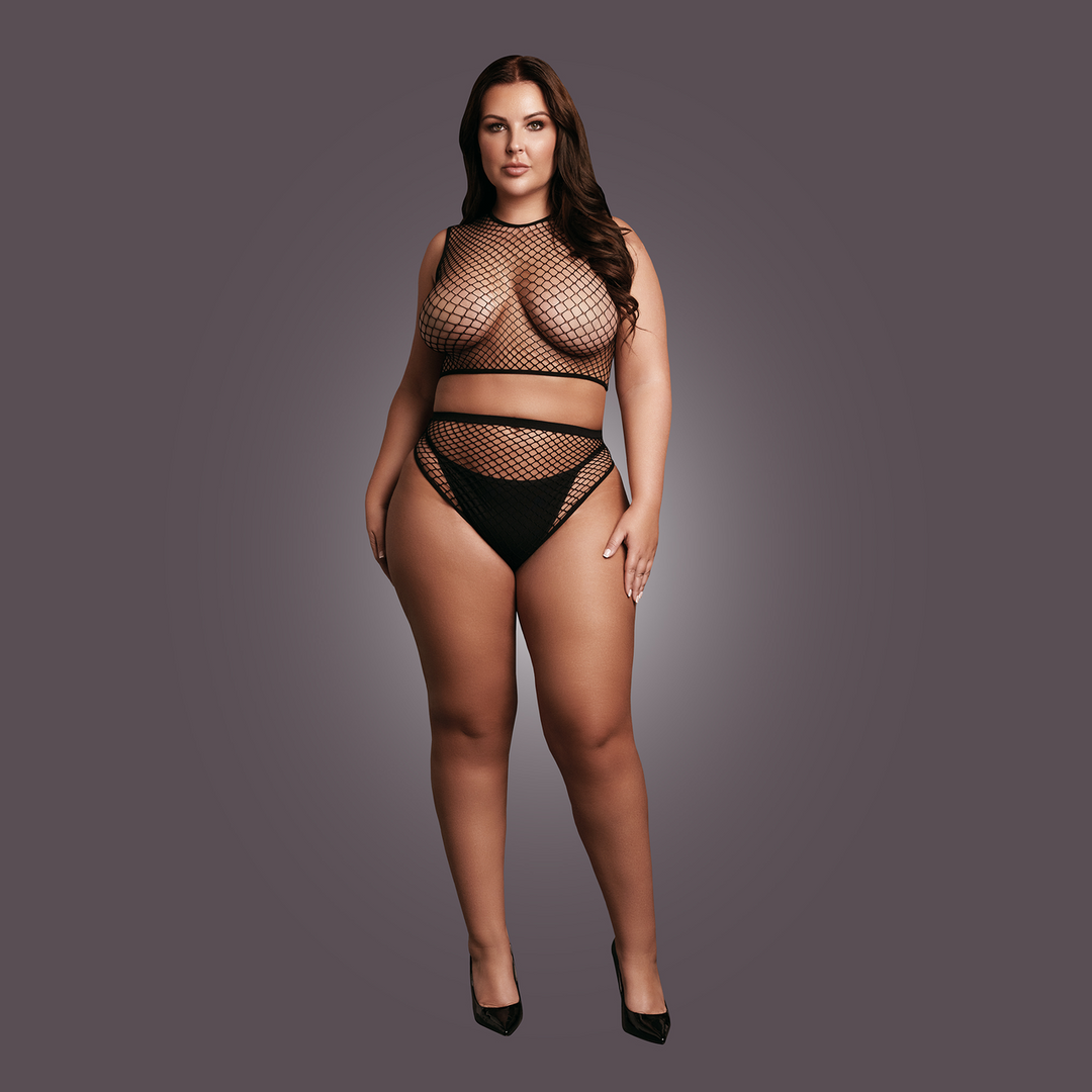 2 Pc Crop Top - Pantie and Fishnet Structure - Queen Size - Black 5