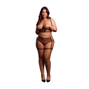 Two Piece Set with Underwired Open-Cup Bra and Panty with Laced Up Details - Queen Size - Black