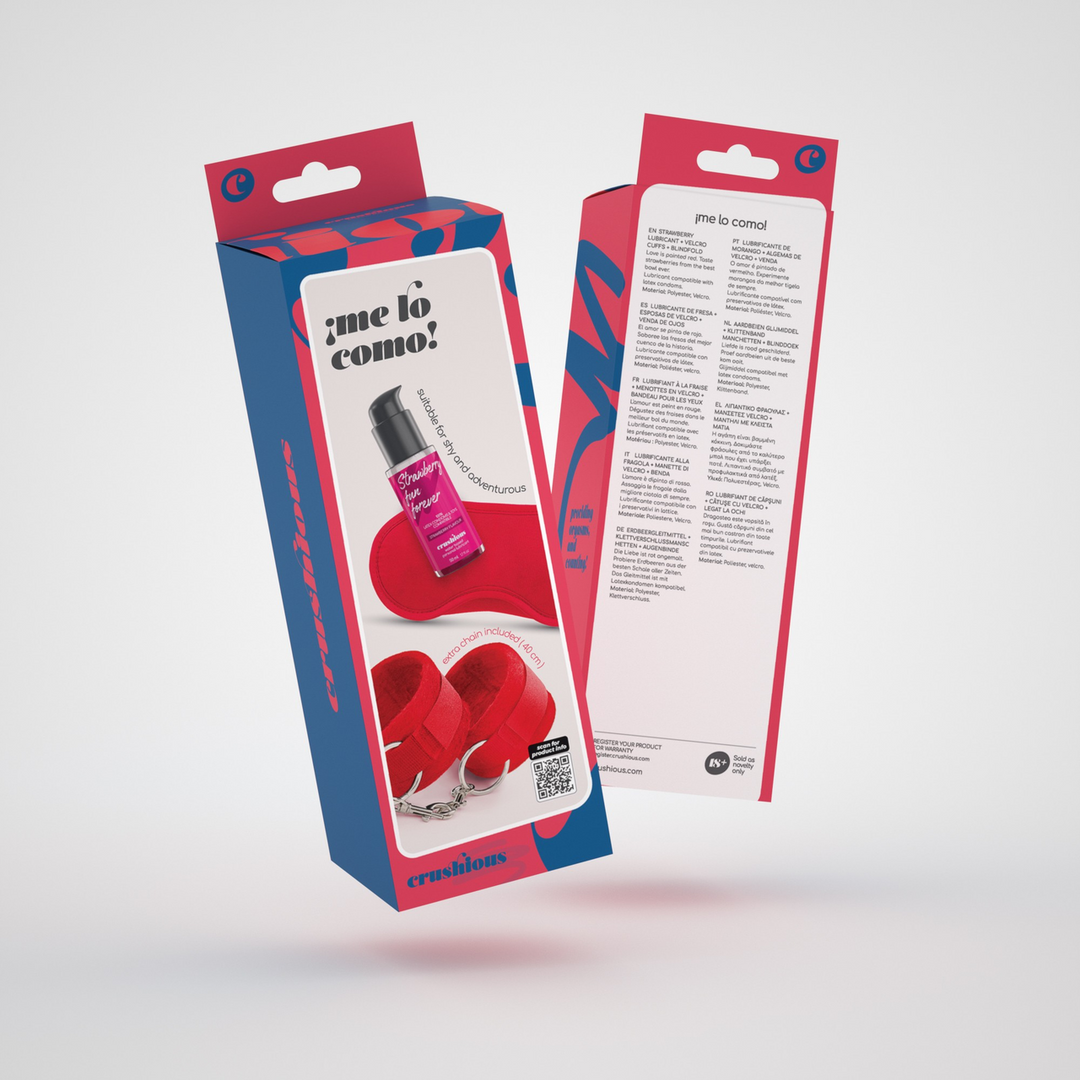 Me Lo Como - Velcro Handcuffs Set with Blindfold and Strawberry Lubricant - 1.7 fl oz / 50 ml - Red 2